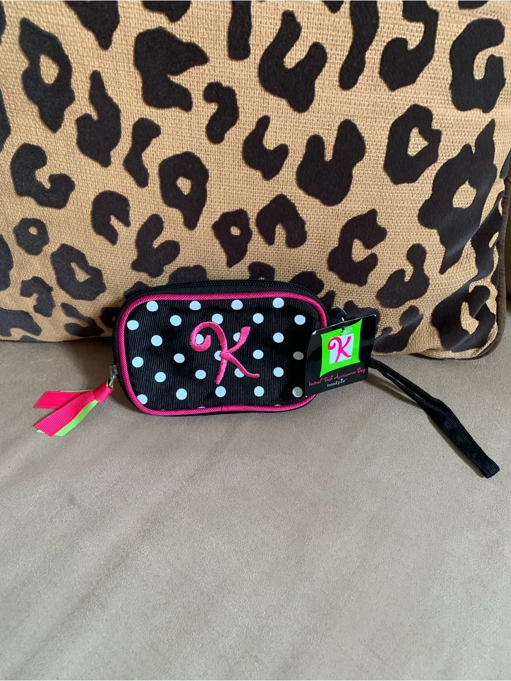 Mud Pie Black Polka Dot Wristlet with Hot Pink Trim and Green Accent NWT!